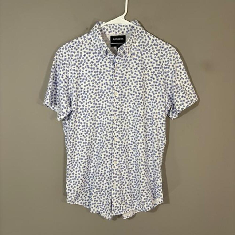 Bonobos Shirt Mens Small White Blue Floral Short Sleeve Button Up Slim Fit